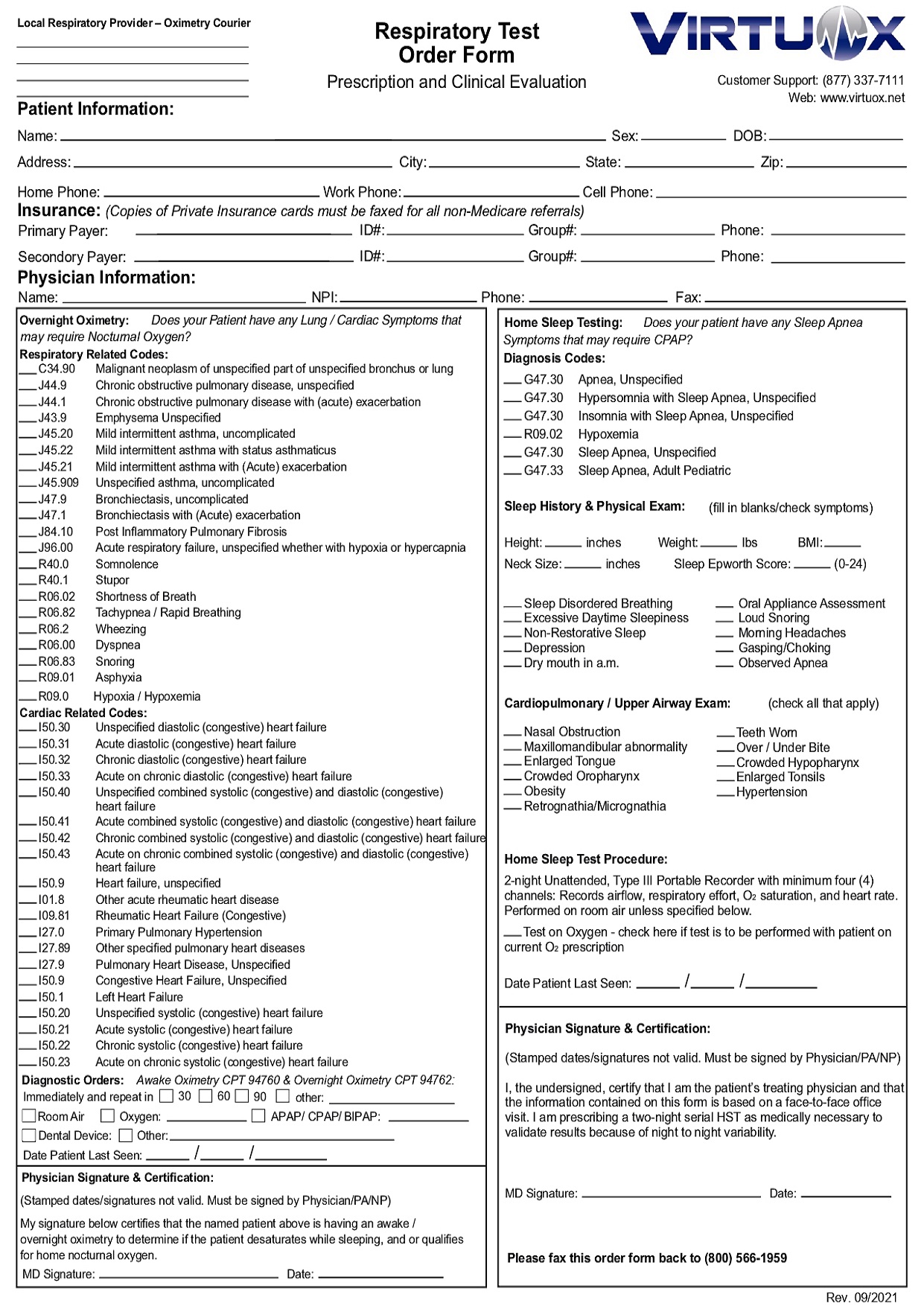 Respiratory Test Order Form